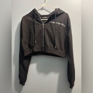 PrettyLittleThing Black Embroidered Logo Cropped Zip-Up Hoodie